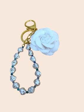 Pearl Bead Wristlet Keychain with White Rose Accent